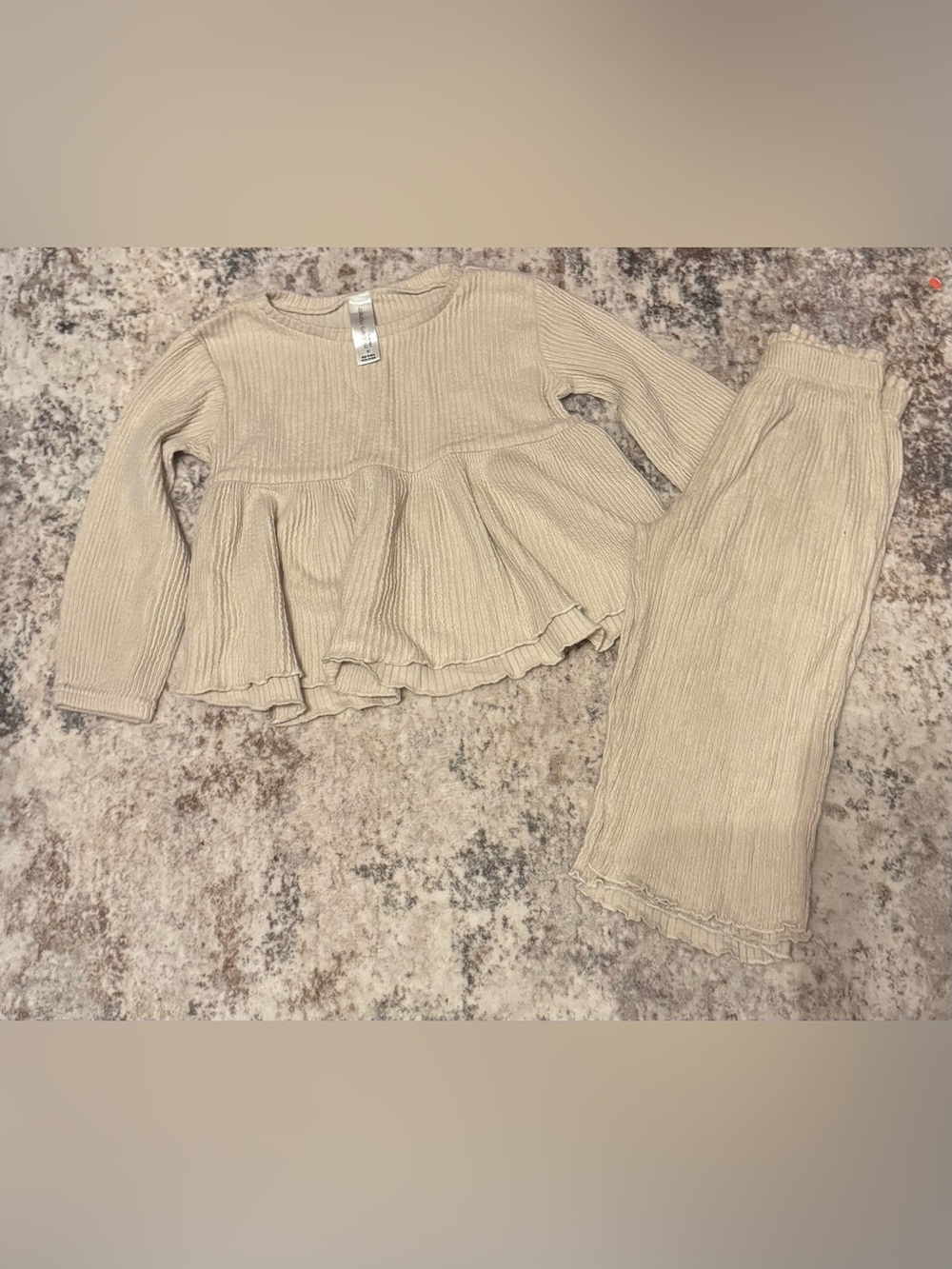 Kids Beige Ribbed Peplum Top and Pants Set